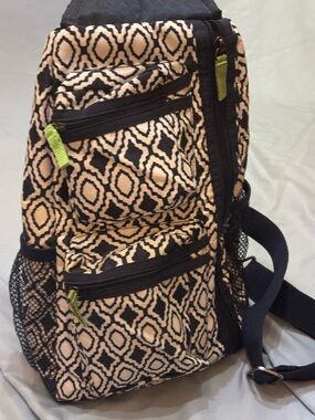 thirty-one Black and Cream Geometric Sling Backpack with Green Accents